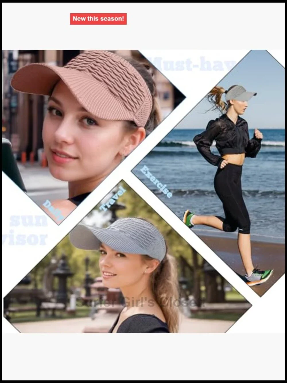 Wide Brim Sun Visor with UV Protection, Knitted Running Hat, Ponytail Friendly